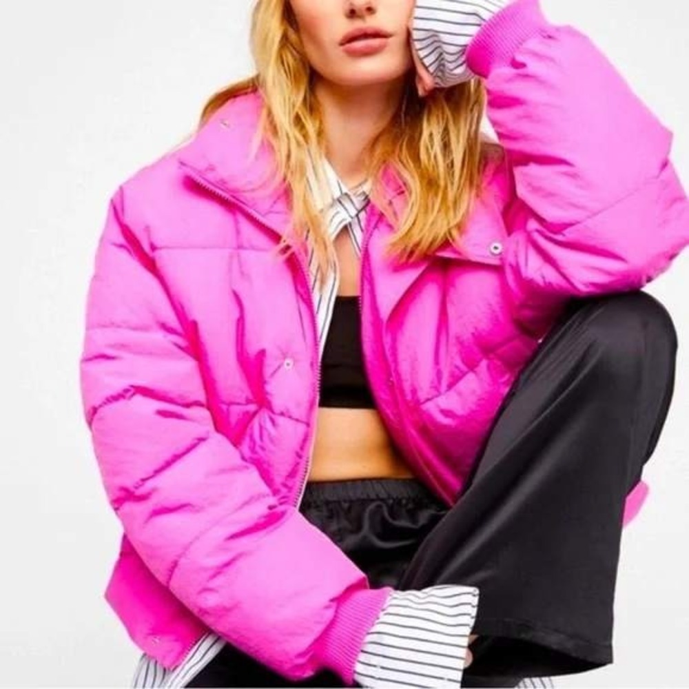 Free People Hot Shot Puffer Jacket Pink Cropped Quilted Zip Up Size Small - Picture 3 of 11